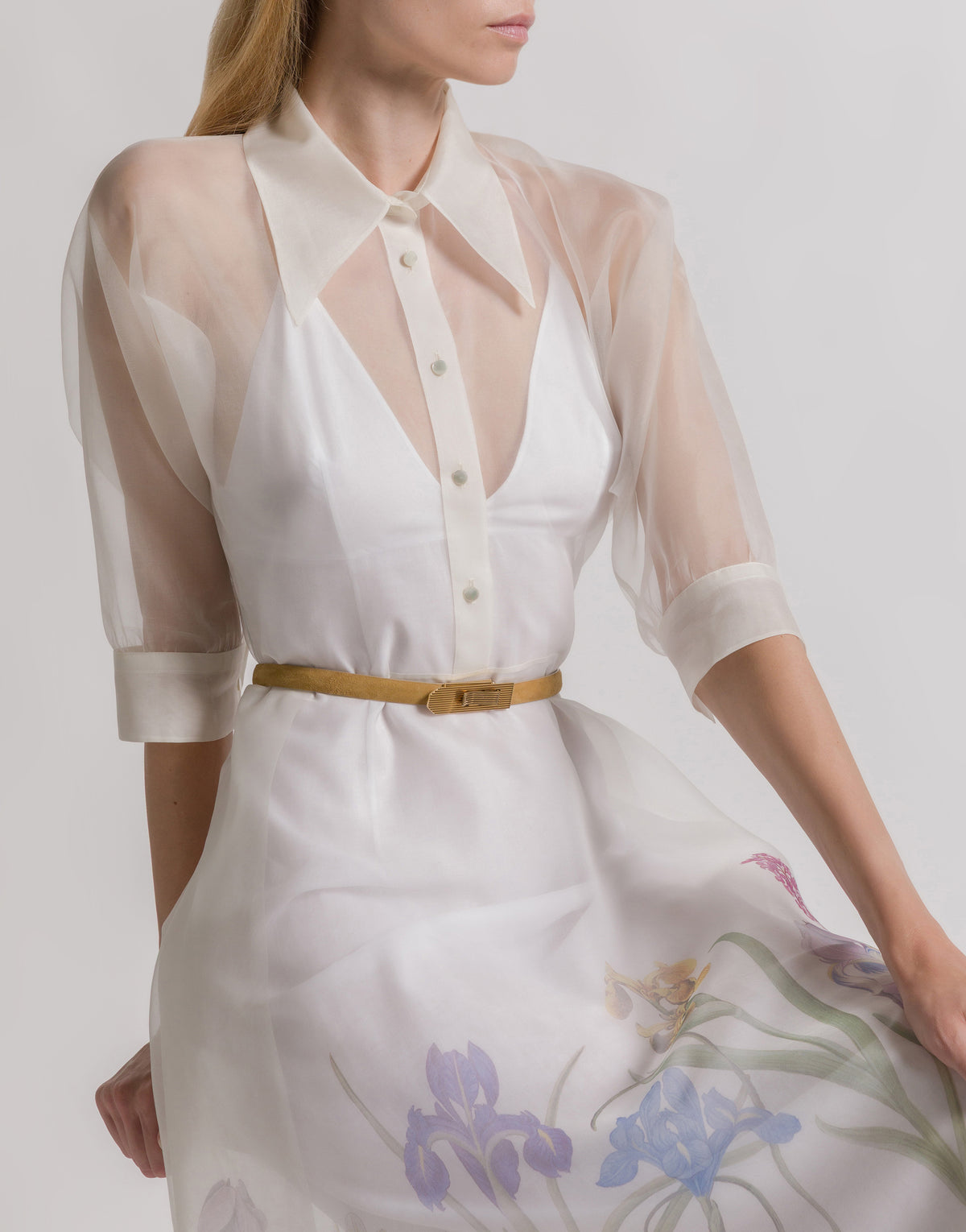Robe chemise en organza de soie avec imprimé Iris - Ivory