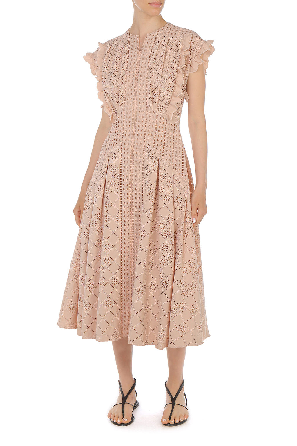 Robe Midi à Broderie Anglaise - Beige