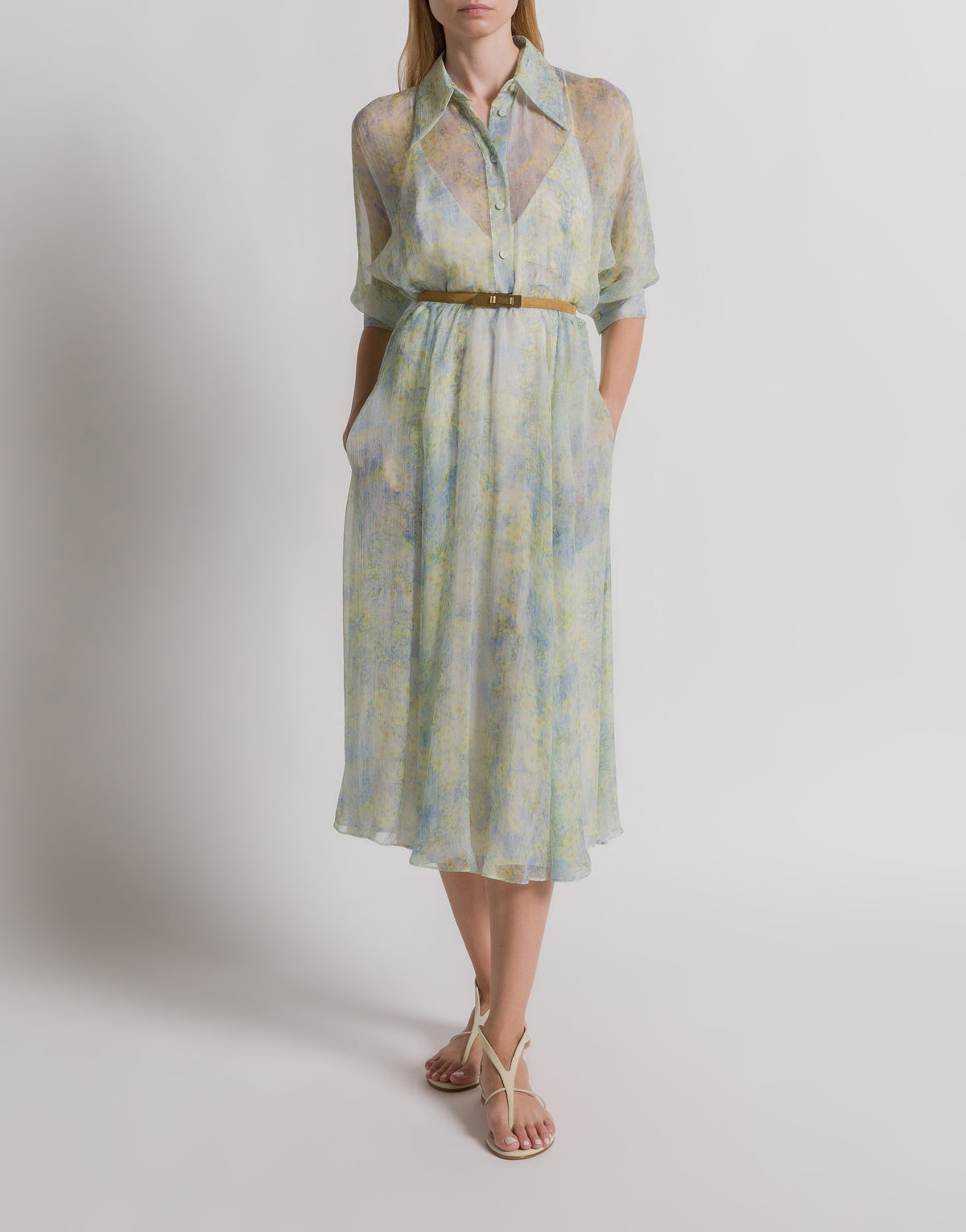 Robe chemise en mousseline à imprimé floral - Yellow