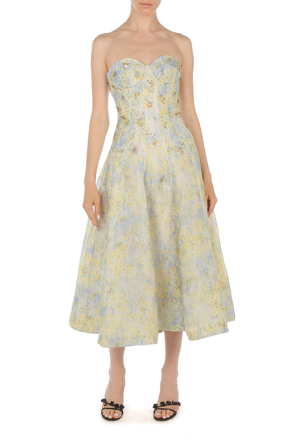 Robe bustier en organza de soie à imprimé floral - Yellow