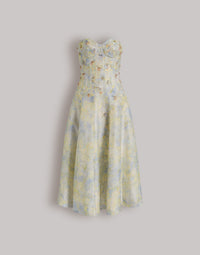 Robe bustier en organza de soie à imprimé floral - Yellow