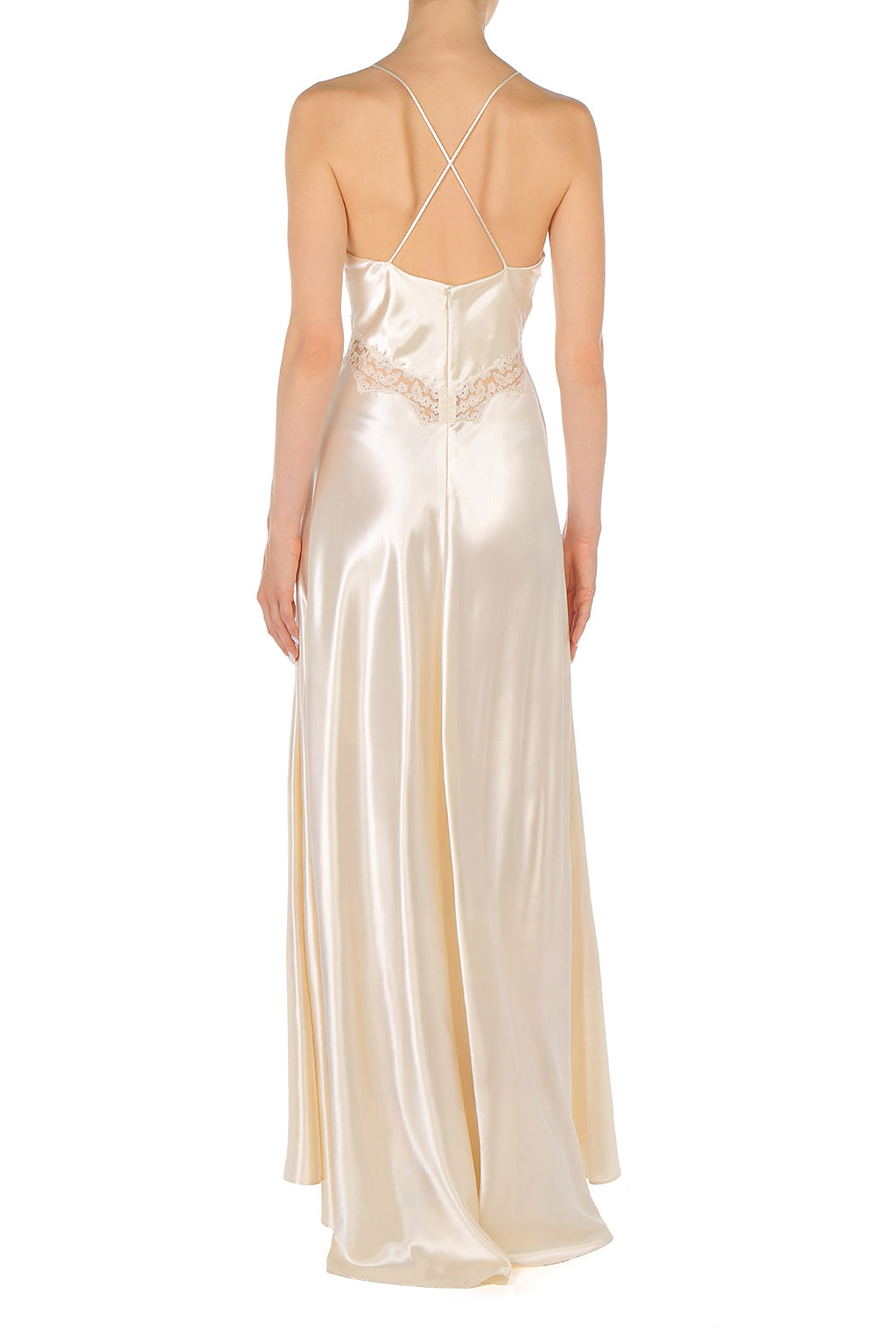 Robe Longue Satinée à Dentelle - White