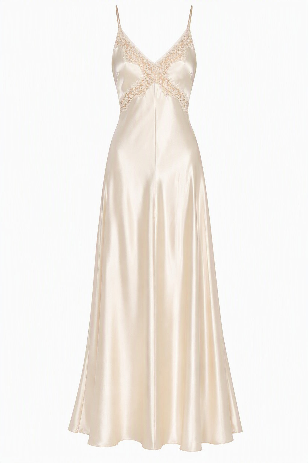 Robe Longue Satinée à Dentelle - White