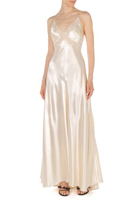 Robe Longue Satinée à Dentelle - White