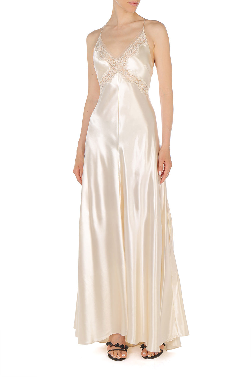 Robe Longue Satinée à Dentelle - White