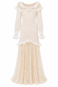 Robe Longue en Maille et Dentelle - White
