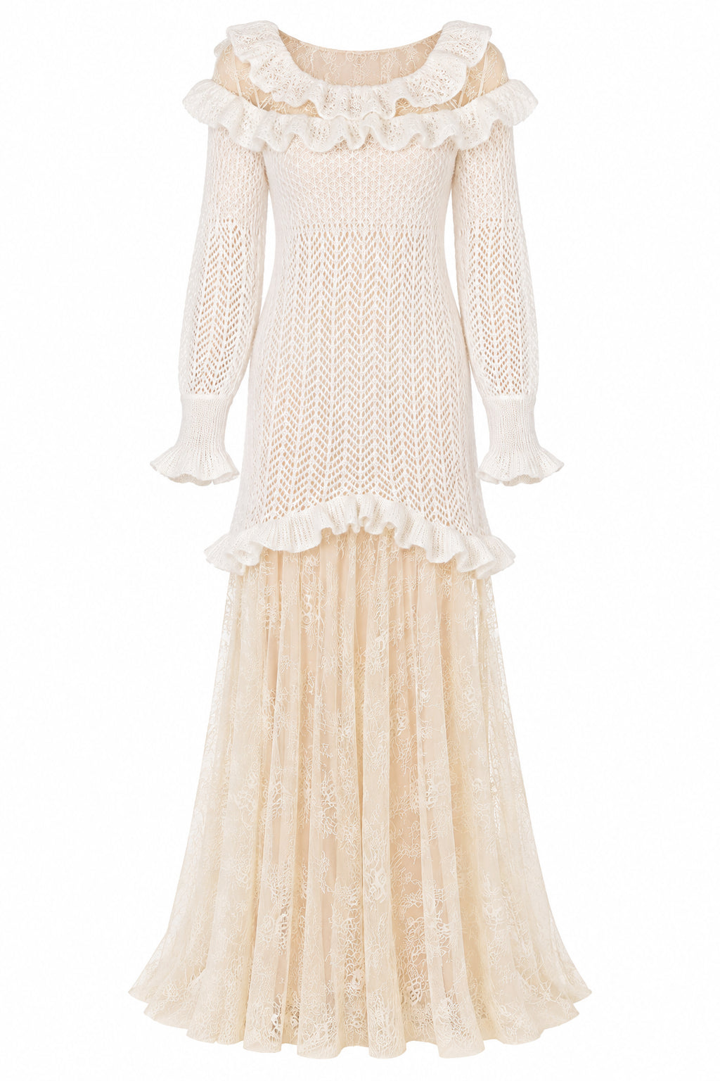 Robe Longue en Maille et Dentelle - White