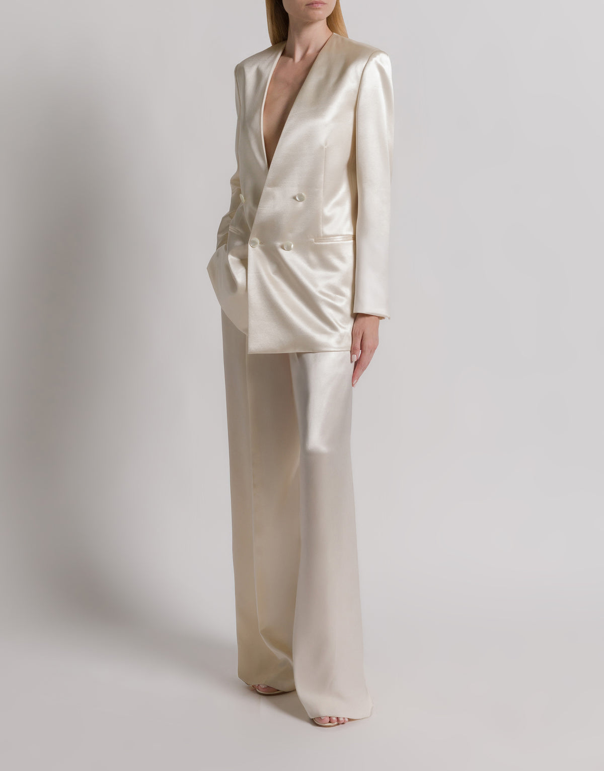 Veste à double boutonnage en satin brillant - White