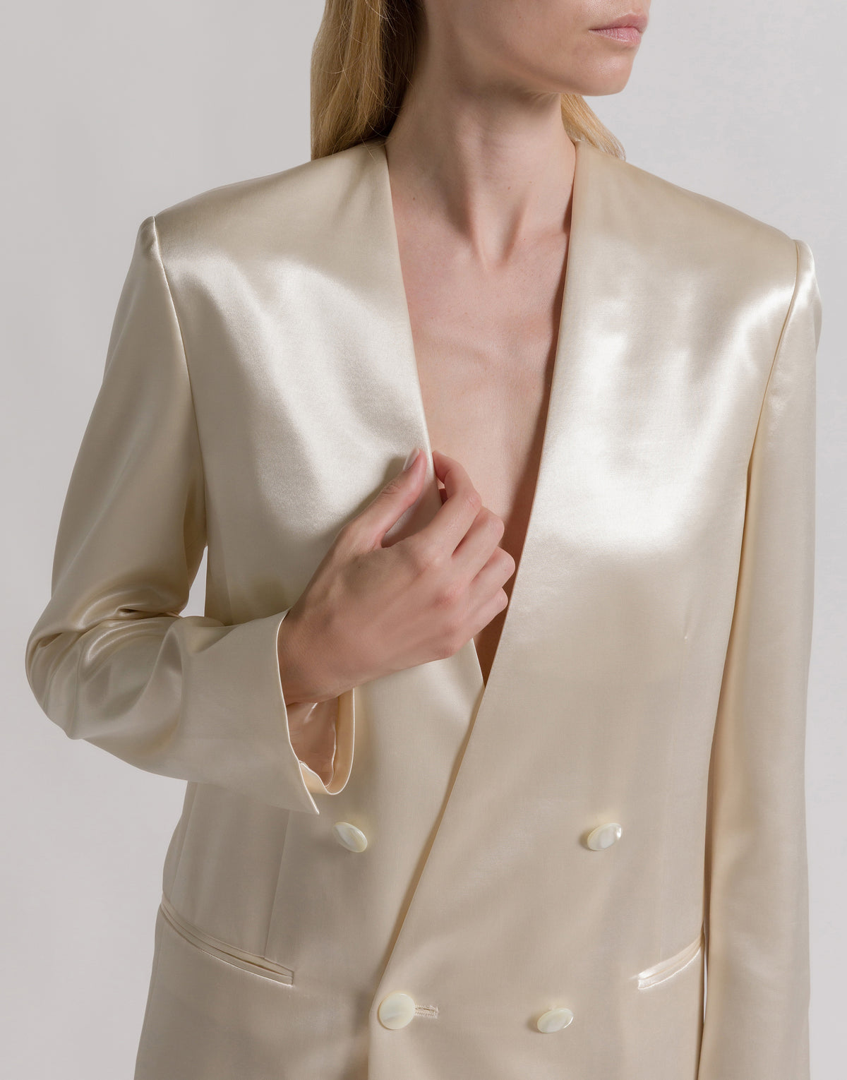 Veste à double boutonnage en satin brillant - White