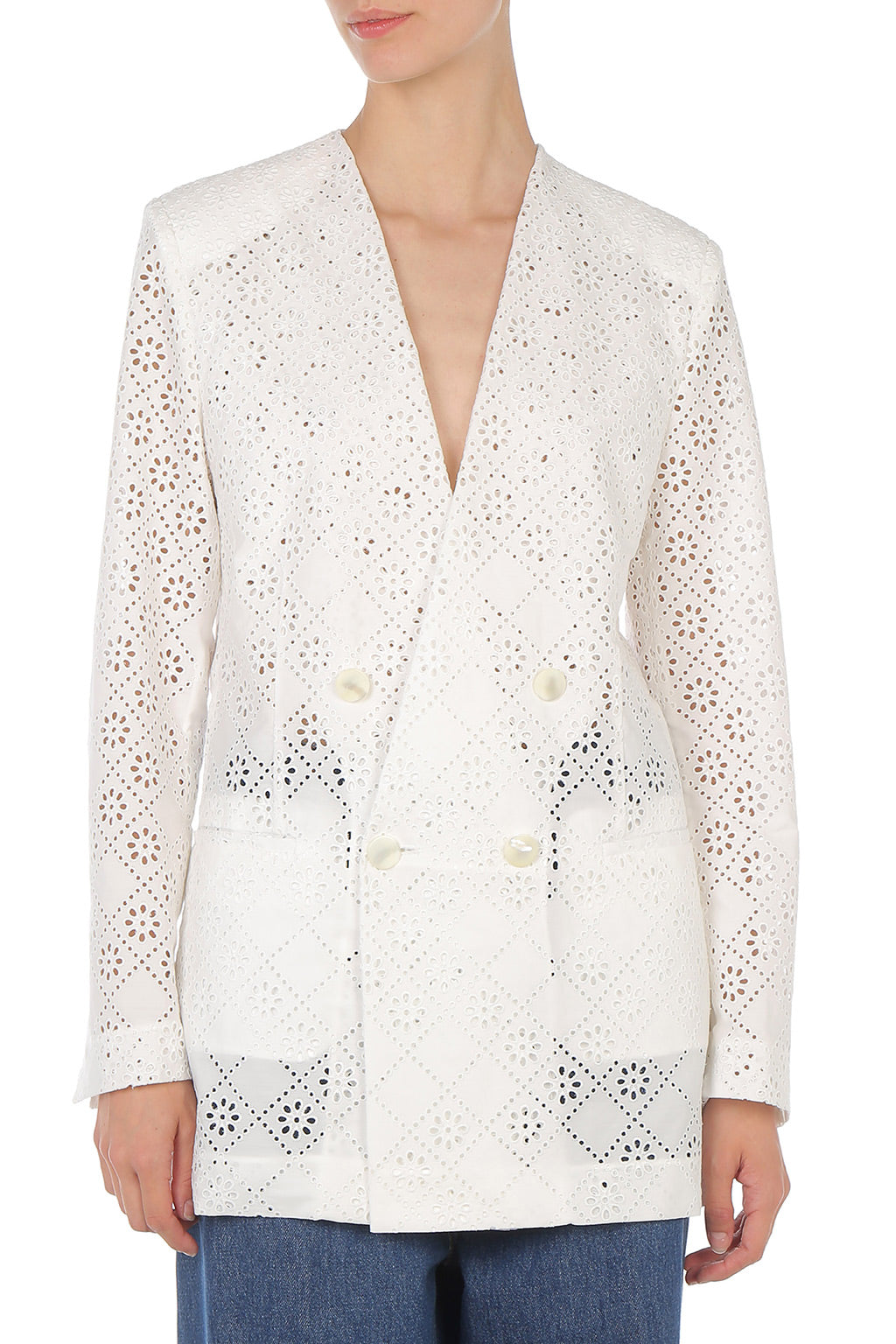 Blazer croisé en dentelle Sangallo - White