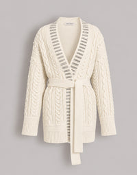 Cardigan en tricot d'Aran avec garniture en cristal baguette  - Ivory