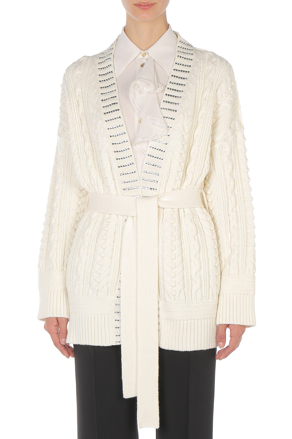 Cardigan en tricot d'Aran avec garniture en cristal baguette  - Ivory