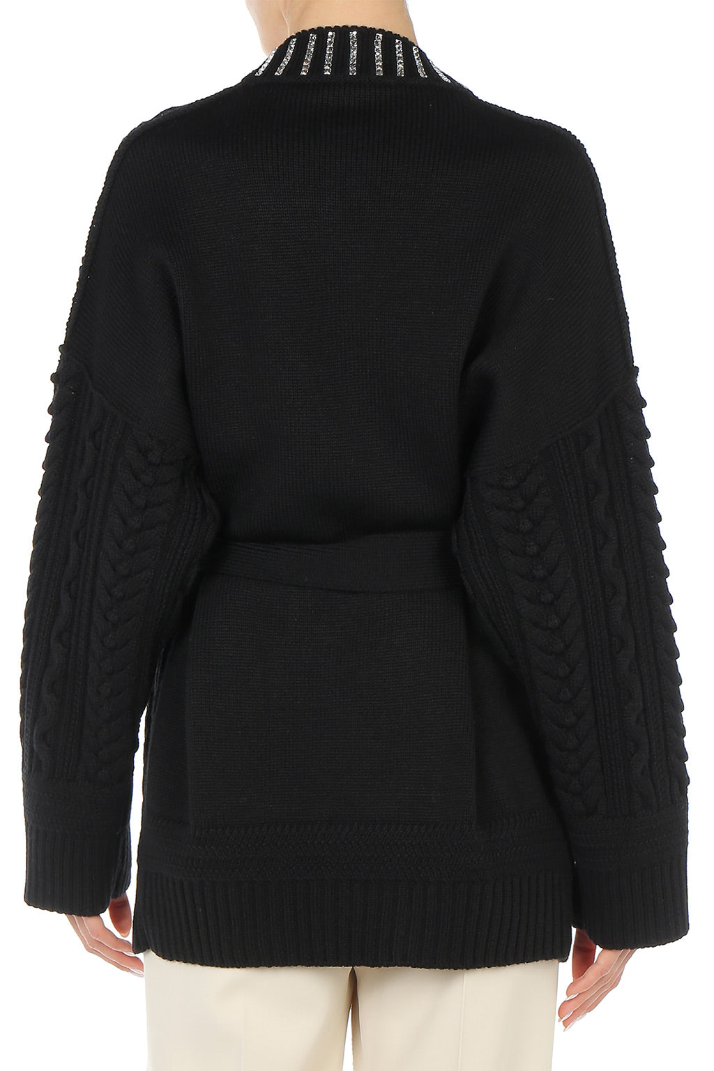Cardigan en tricot d'Aran avec garniture en cristal baguette  - Black