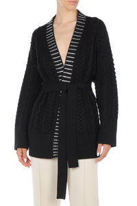 Cardigan en tricot d'Aran avec garniture en cristal baguette  - Black