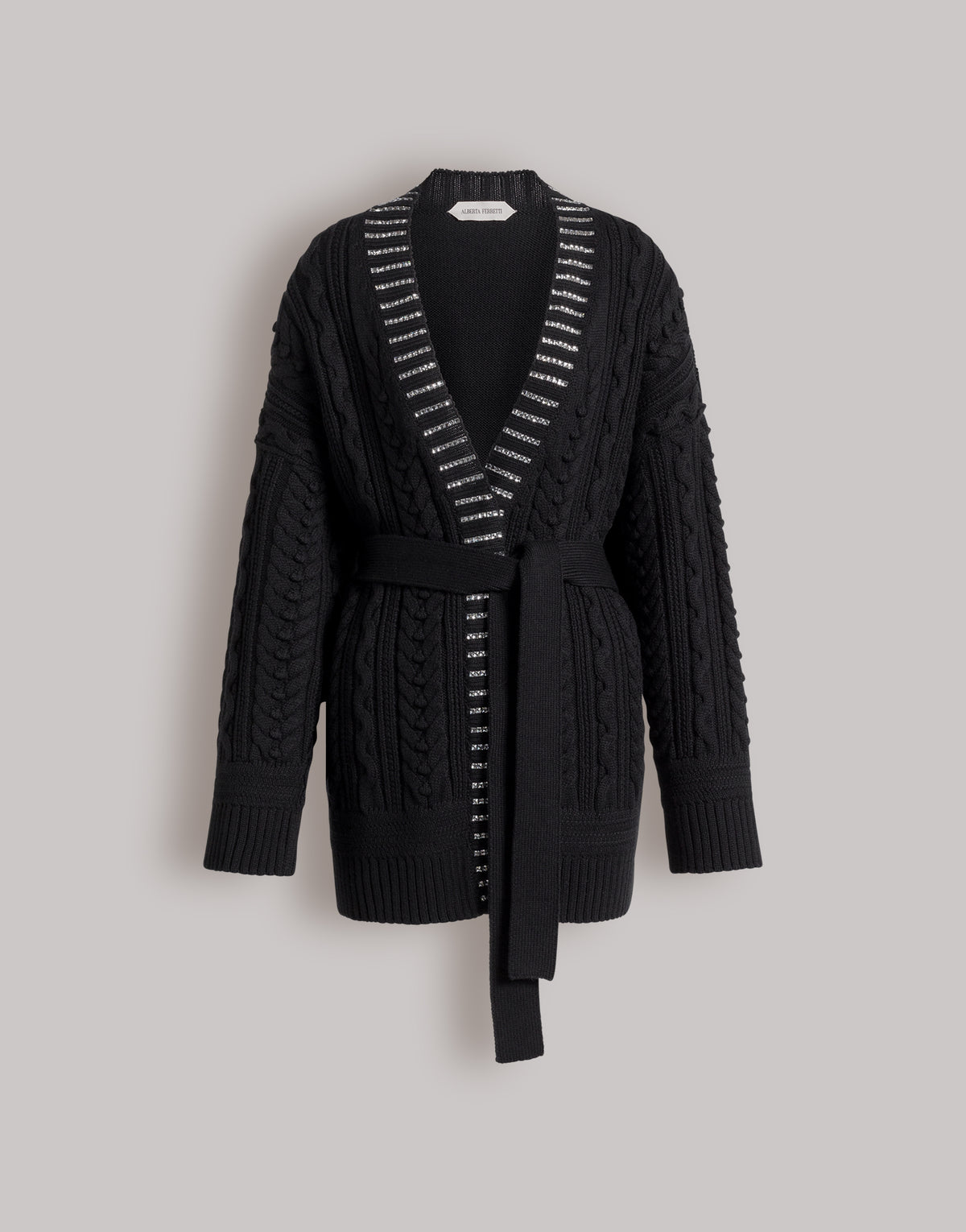 Cardigan en tricot d'Aran avec garniture en cristal baguette  - Black