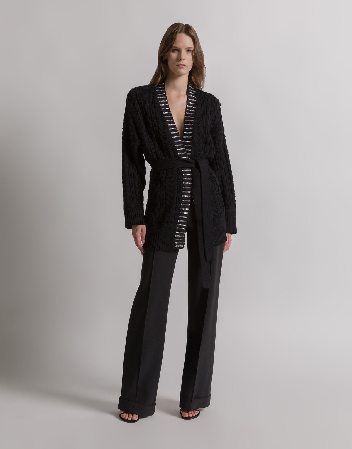 Cardigan en tricot d'Aran avec garniture en cristal baguette  - Black