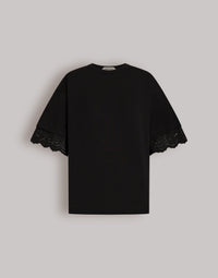 T-shirt à manches en dentelle San Gallo  - Black