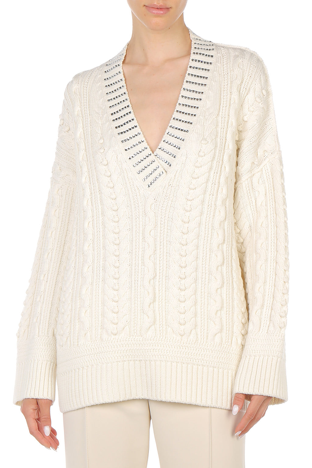 Pull en tricot d'Aran avec col à paillettes - Ivory