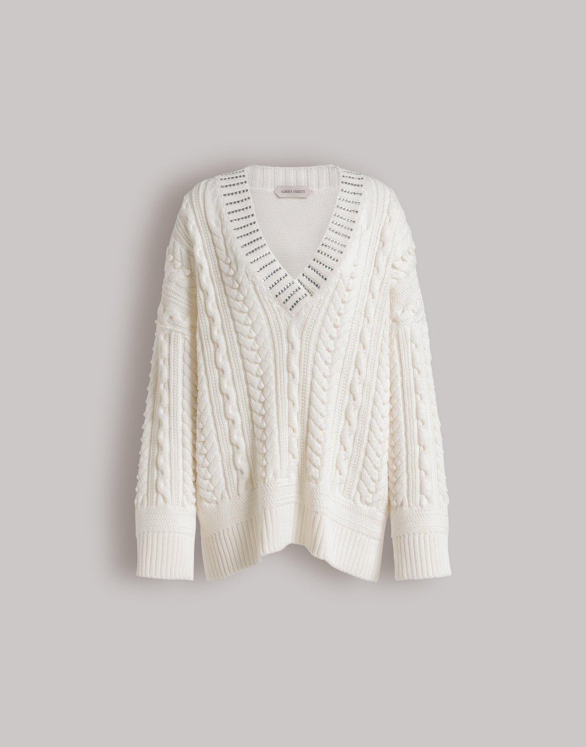 Pull en tricot d'Aran avec col à paillettes - Ivory