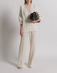 Pull en tricot d'Aran avec col à paillettes - Ivory
