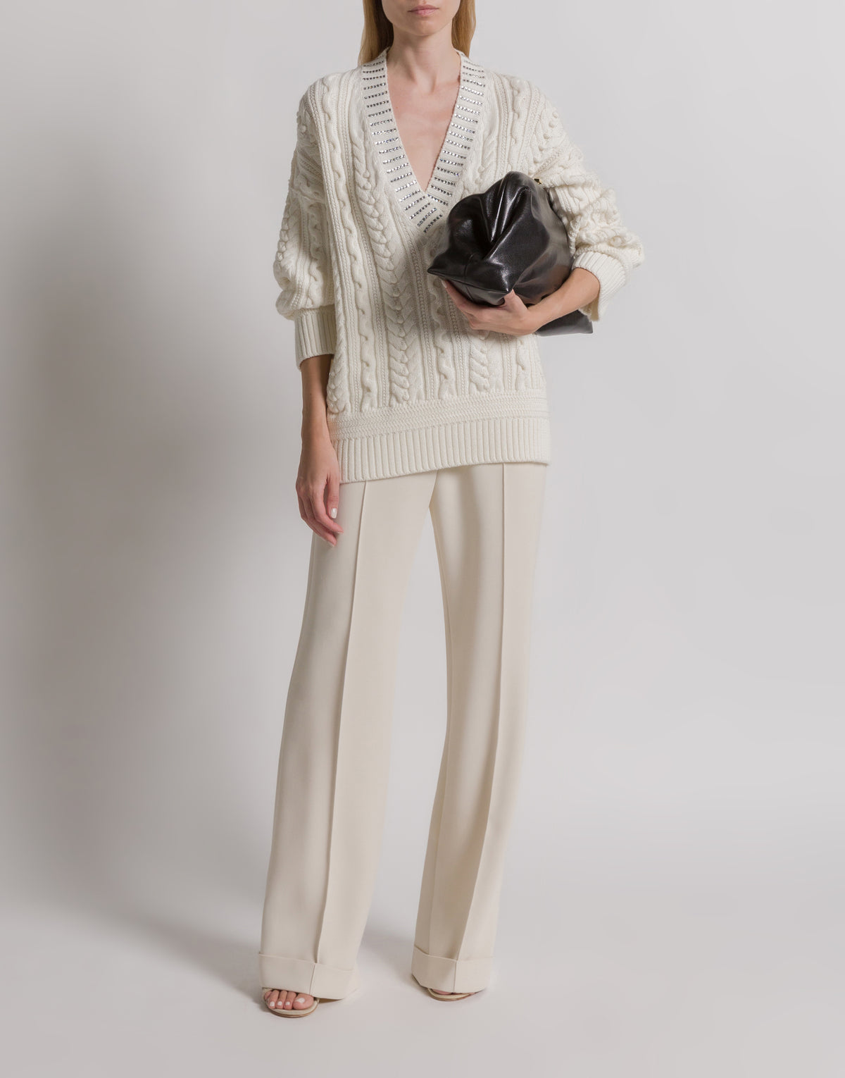 Pull en tricot d'Aran avec col à paillettes - Ivory