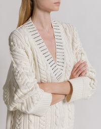 Pull en tricot d'Aran avec col à paillettes - Ivory