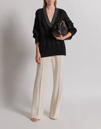 Pull en tricot d'Aran avec col à paillettes - Black