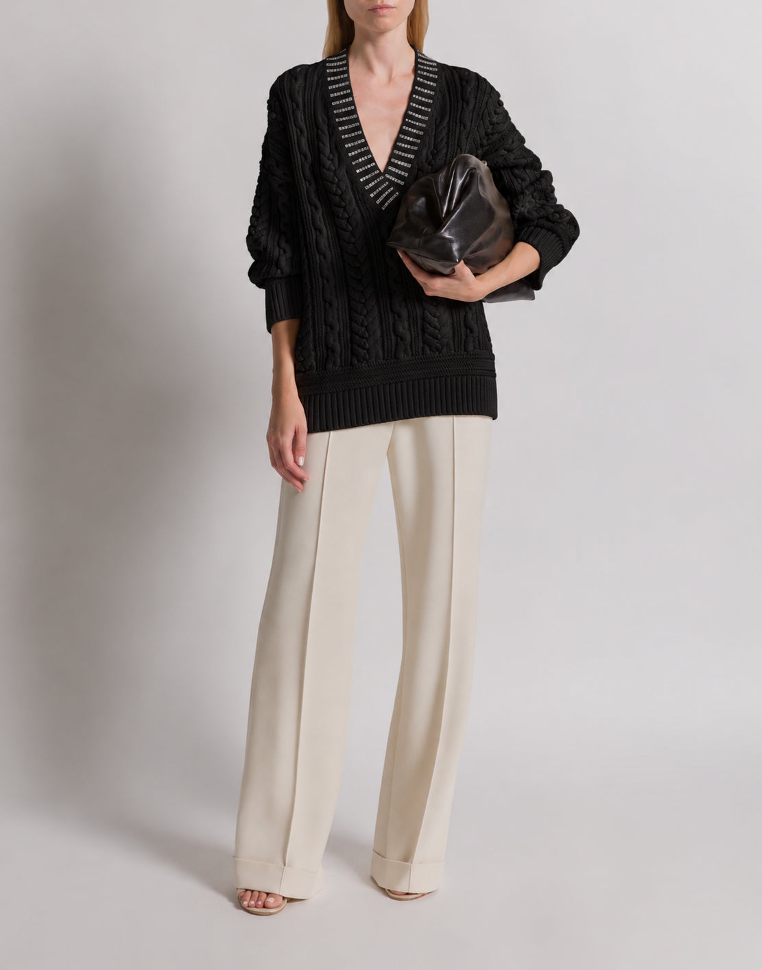 Pull en tricot d'Aran avec col à paillettes - Black