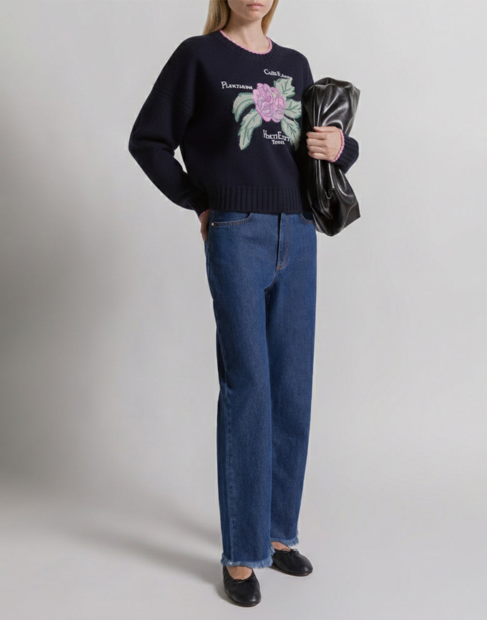 Pull en cachemire brodé Herbarium - Blue