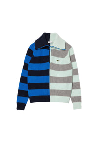 Pull à col zippé à rayures contrastées en laine - Argent Chiné & Marine