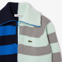 Pull à col zippé à rayures contrastées en laine - Argent Chiné & Marine