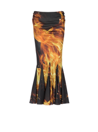 Jupe midi drapée imprimée feu en soie - Noir, Jaune Vif & Orange Vif