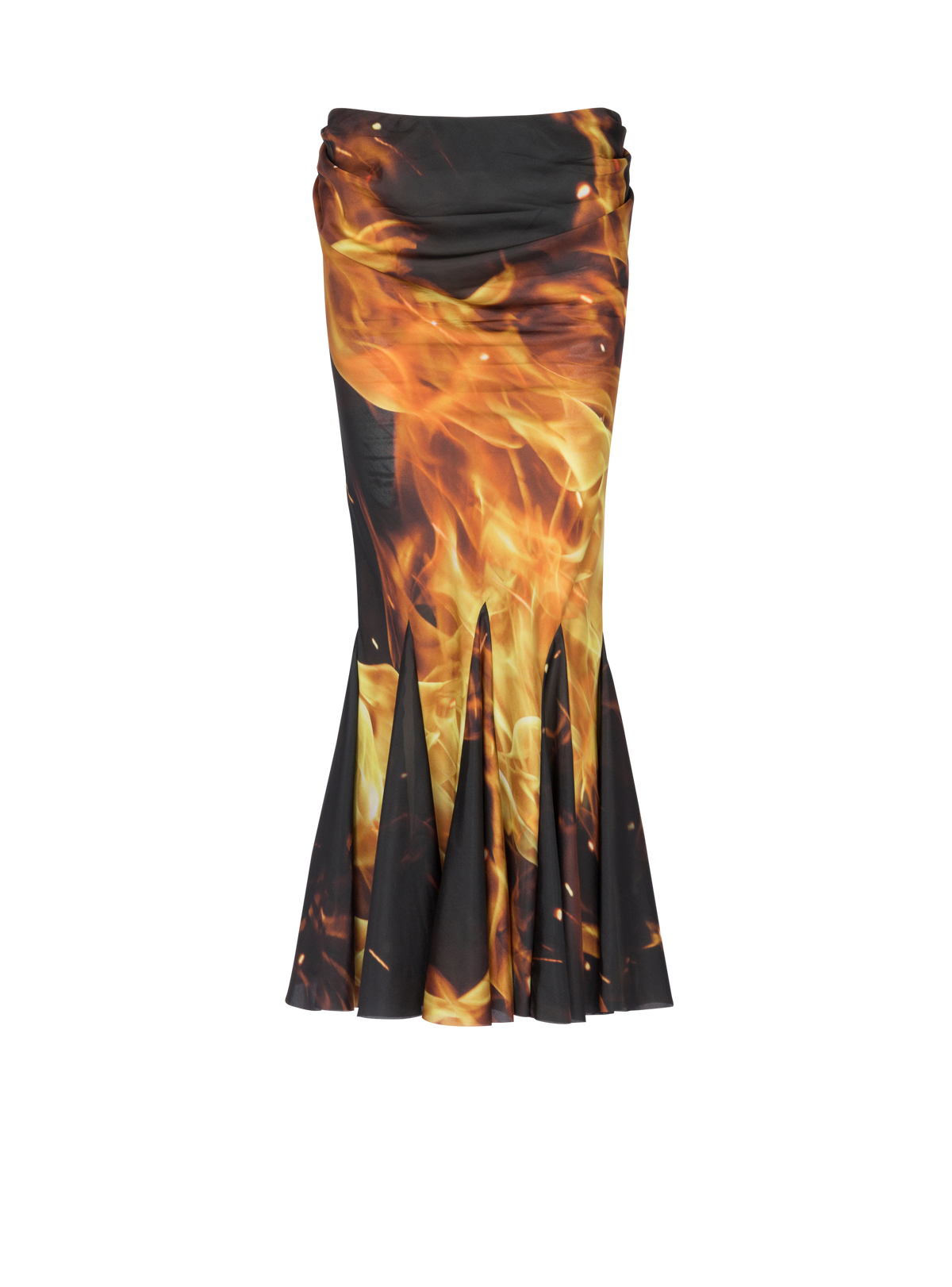Jupe midi drapée imprimée feu en soie - Noir, Jaune Vif & Orange Vif