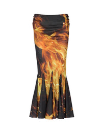 Jupe midi drapée imprimée feu en soie - Noir, Jaune Vif & Orange Vif