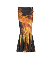 Jupe midi drapée imprimée feu en soie - Noir, Jaune Vif & Orange Vif