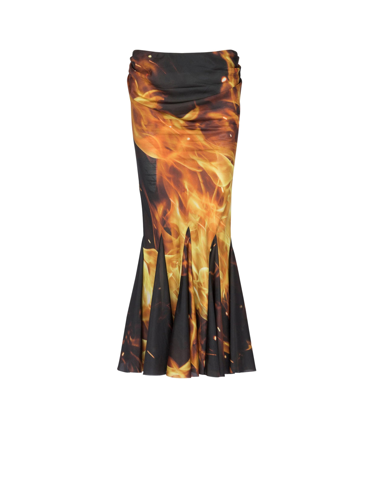Jupe midi drapée imprimée feu en soie - Noir, Jaune Vif & Orange Vif