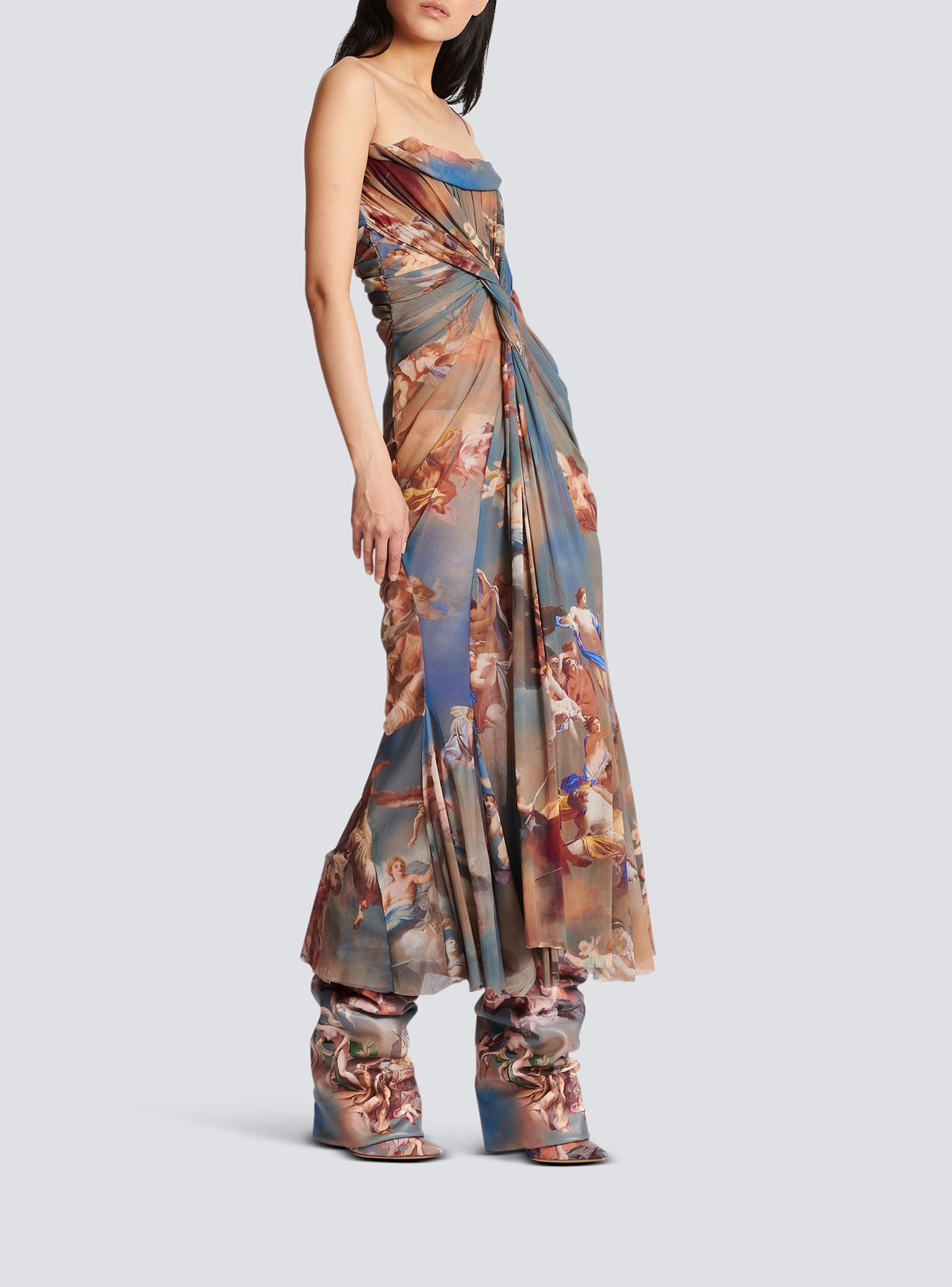 Long draped tulle dress with Sky print - Blue & Multicolor