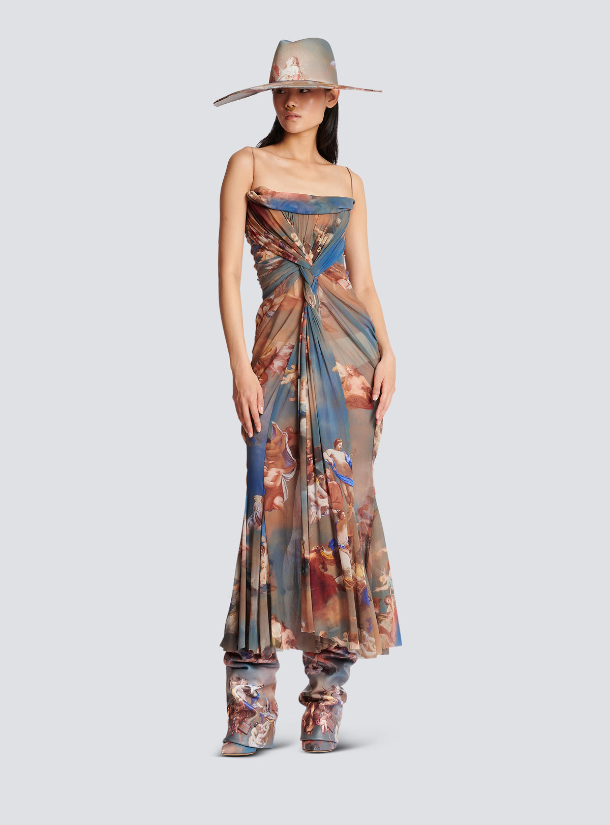 Robe longue drapée en tulle imprimé Sky - Bleu & Multicolore