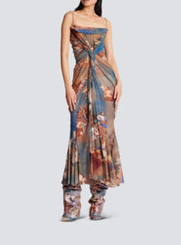 Long draped tulle dress with Sky print - Blue & Multicolor