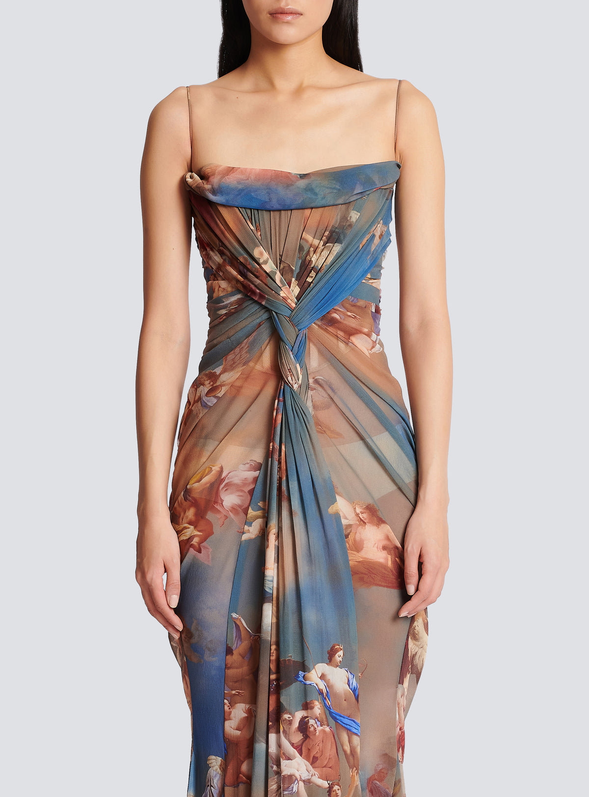 Robe longue drapée en tulle imprimé Sky - Bleu & Multicolore