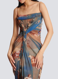 Long draped tulle dress with Sky print - Blue & Multicolor