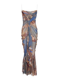 Long draped tulle dress with Sky print - Blue & Multicolor