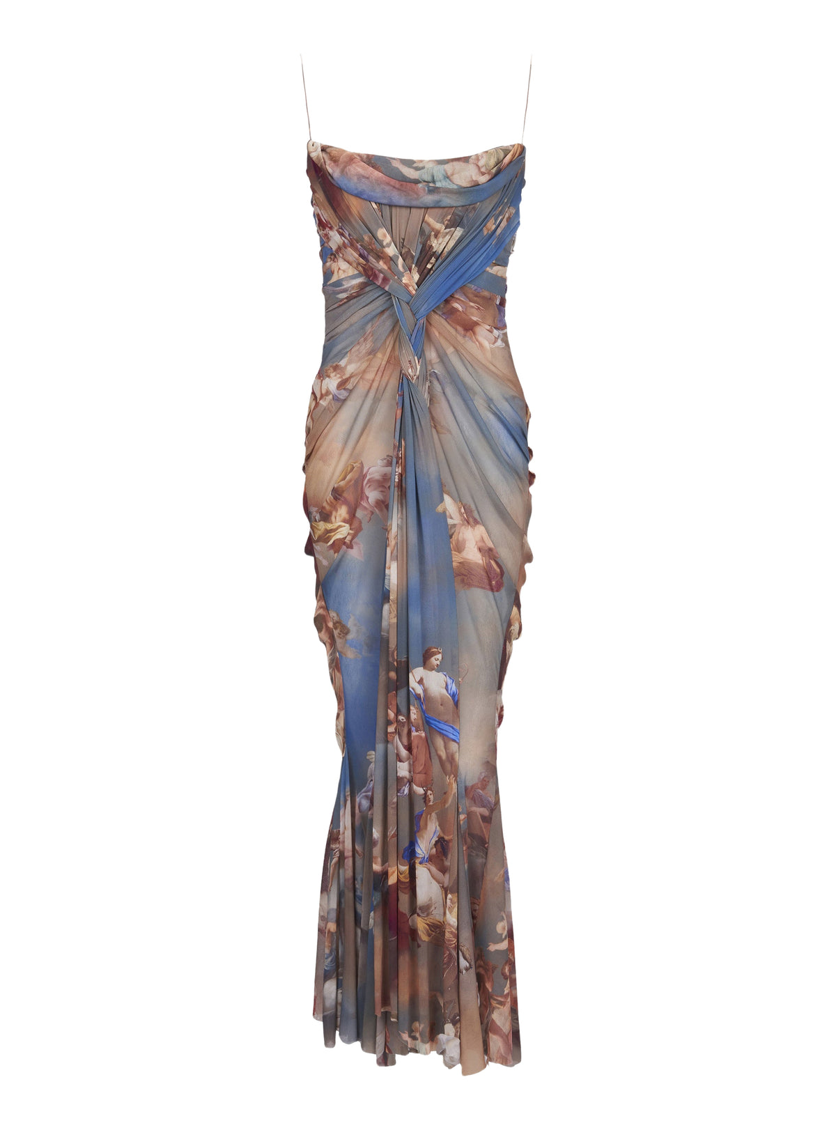 Long draped tulle dress with Sky print - Blue & Multicolor