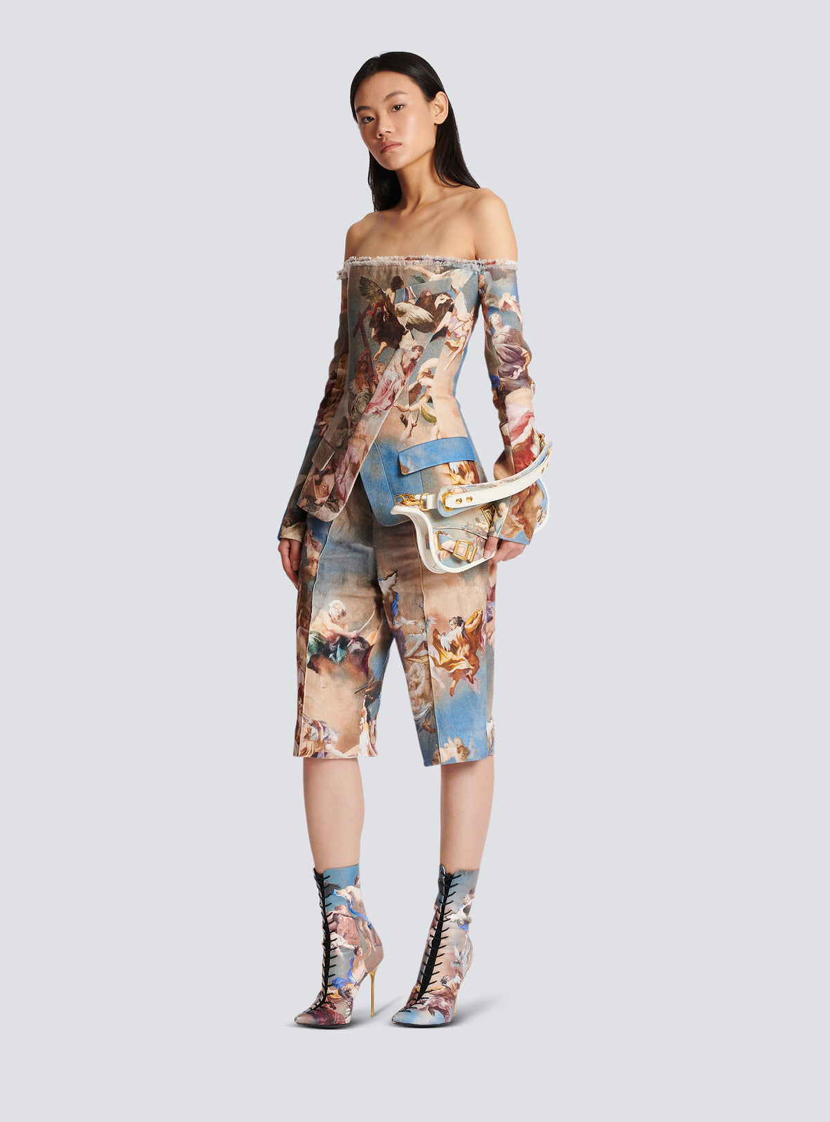 Tailleur sans épaules en toile imprimée sky - Bleu & Multico