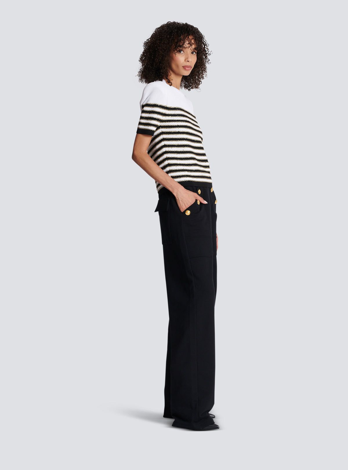 Top en maille à rayures - Blanc & Noir & Or