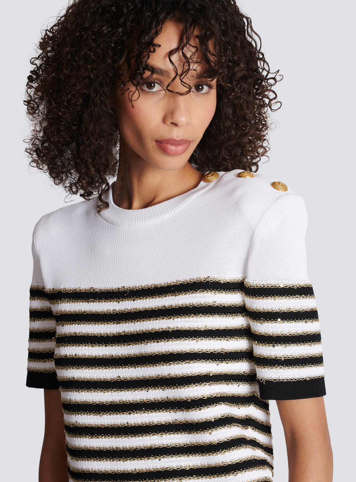 Top en maille à rayures - Blanc & Noir & Or