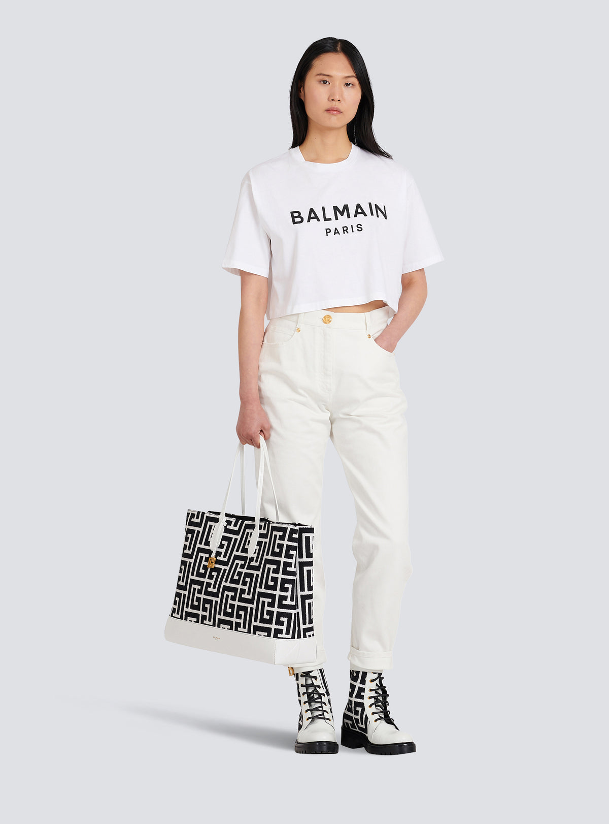 T-shirt court en coton éco-responsable imprimé logo balmain - Blanc & Noir