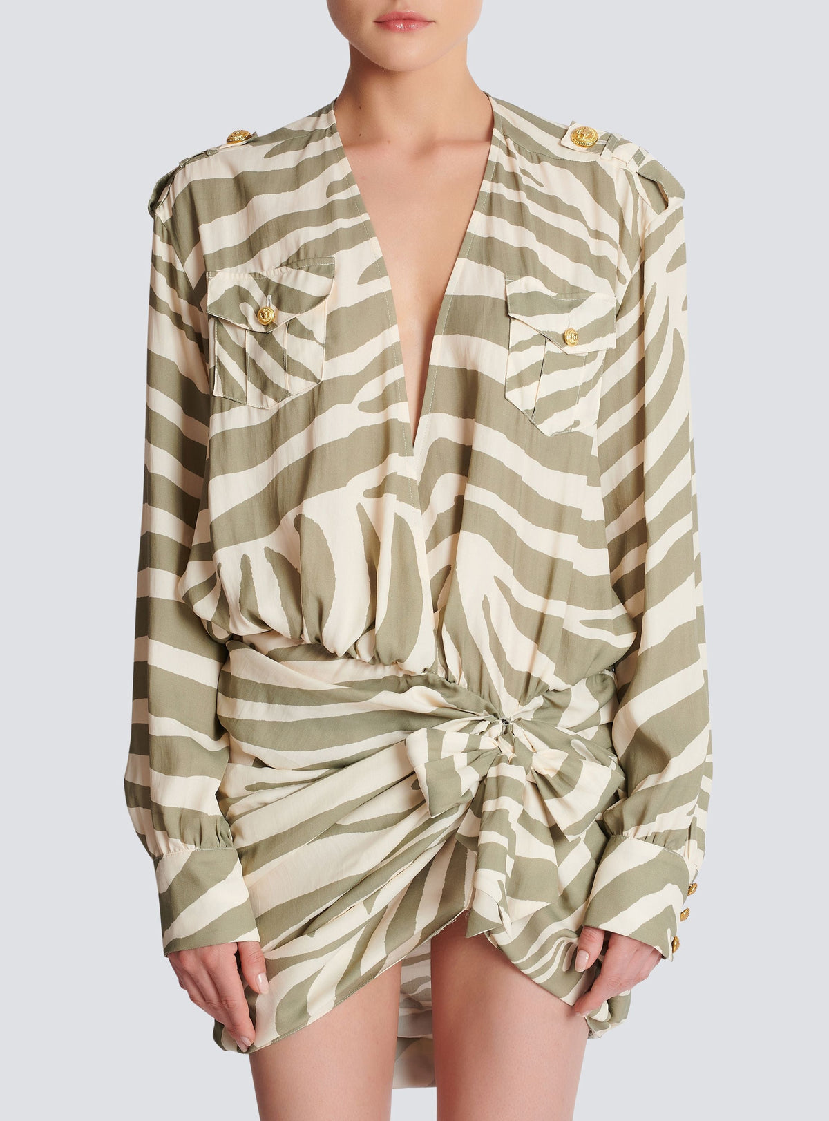 Robe drapée imprimé zèbre - Beige & Kaki Clair
