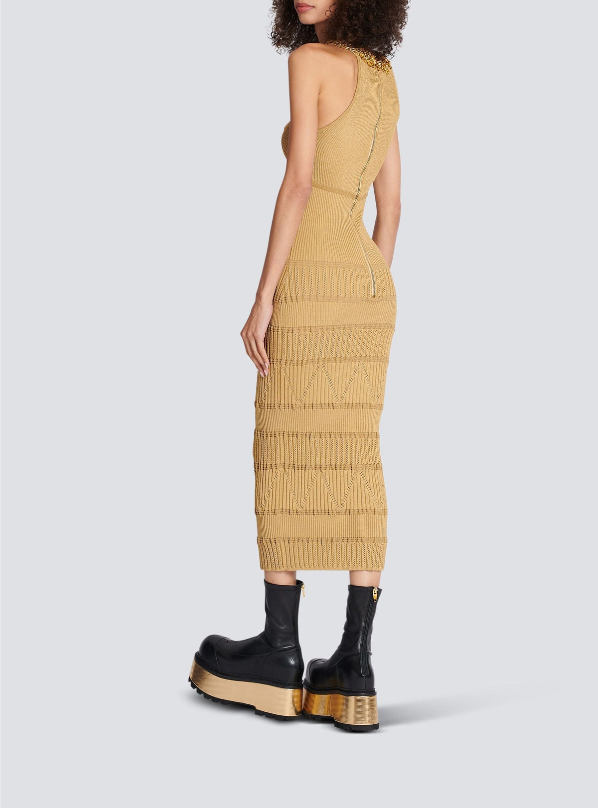 Robe midi en maille brodée - Beige