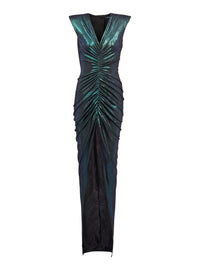 Draped long iridescent jersey dress - Hologram Blue